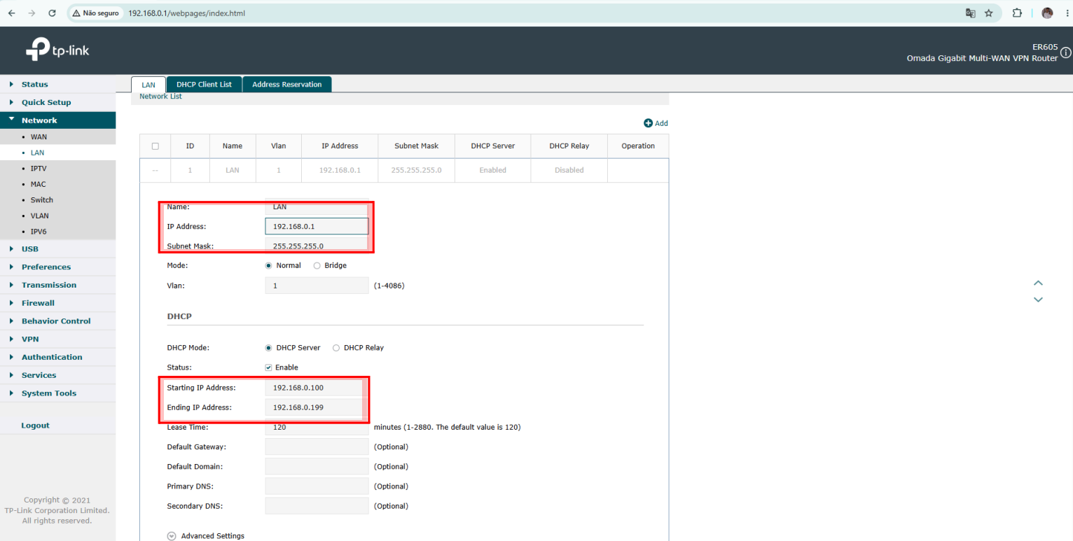Configuração de IP e DHCP da LAN